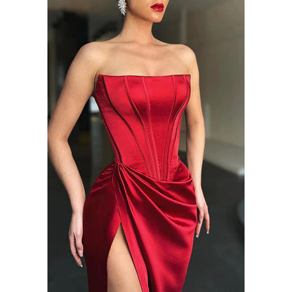 Sheath/Column Strapless Ruched Satin Split Prom Evening Formal Dress