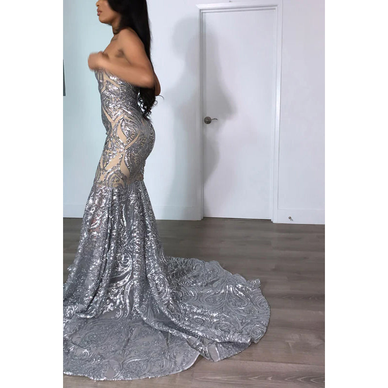 Strapless Beaded Sequins Sheer Tulle Mermaid Long Prom Evening Dress