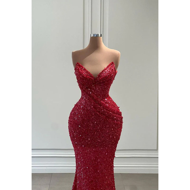 Sparkly Red Sequins V-Neck Sleeveless Mermaid Evening Prom Dress