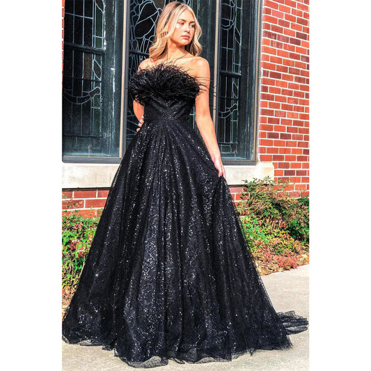 Strapless Feathers A-line Black Prom Dress Glitter