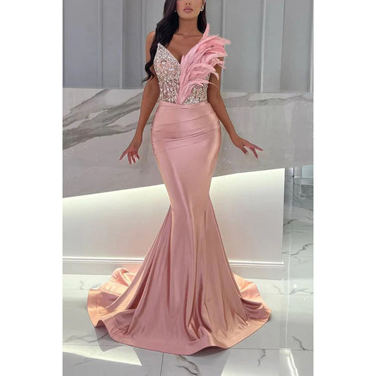 V-Neck Strapless Beaded Feather Satin Mermaid Long Evening Dress