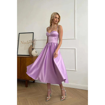 Simple Sweetheart Sleeveless Ruched Satin A-Line Midi Evening Party Dress