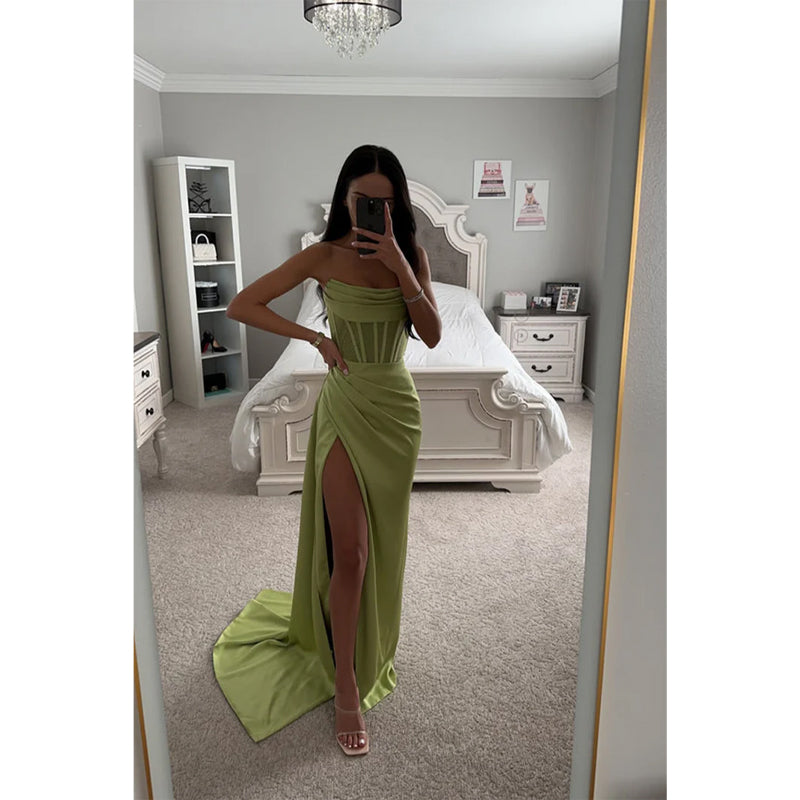 Strapless Satin Pleated Split Long Prom Dress Green Bridesmaid Dress