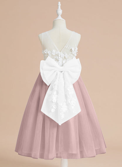 Floral Lace and Large Bow Tea-length Dress