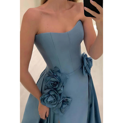 Gorgeous & Charming A-line Off-Shoulder Strapless Slit Prom Dress With Flower