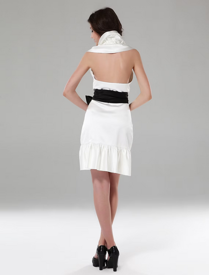 Sheath / Column All Celebrity Styles Dress Holiday Short / Mini Sleeveless Halter Satin with Sash / Ribbon Ruffles