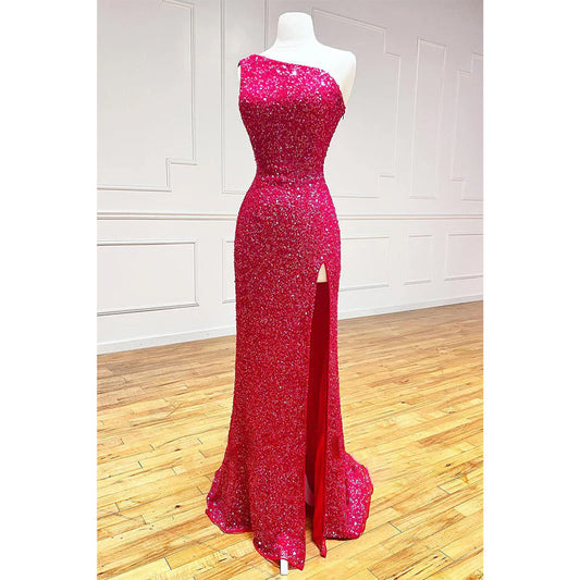 Unique One Shoulder Sequins Sparkly Prom Dress