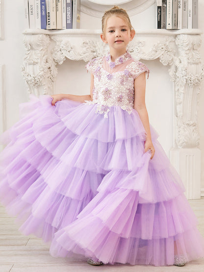 Lilac Tulle Princess Ball Gown with Floral Appliques and Beading for Girls