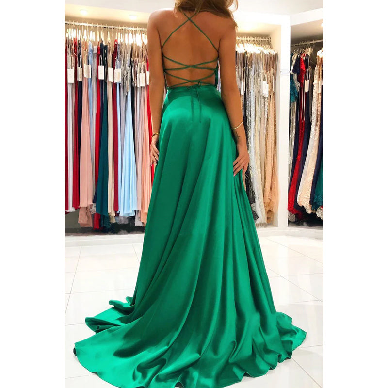 Plunging V-neck Green Blue Elastic Satin Formal Dress with Slit