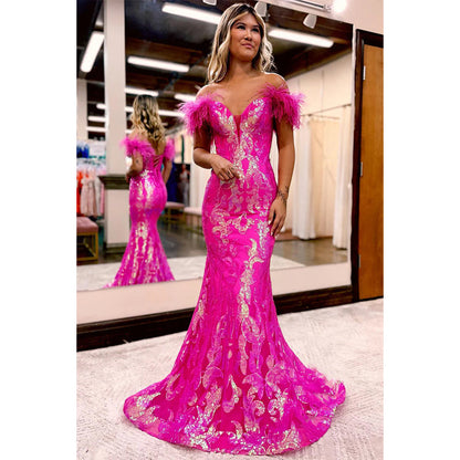 Plunging V-neck Sequins Appliques Mermaid Prom Dress