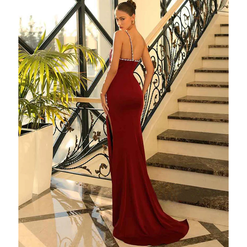 Unique One Shoulder Beads Long Prom Party Dress with Slit