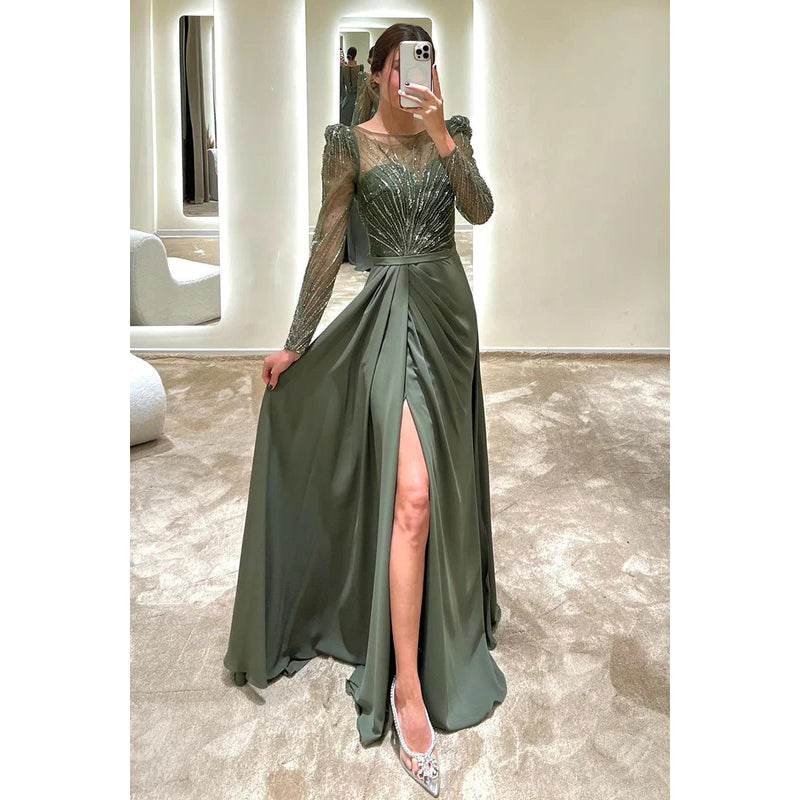 Round Neck Long Sleeves Beaded A-Line Long Prom Evening Gown