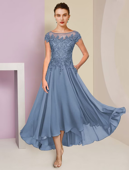 Zweiteiliges A-Linien-Kleid für die Mutter der Braut, formeller Hochzeitsgast, eleganter hoher und niedriger U-Ausschnitt, asymmetrische knielange Chiffonspitze, kurze Ärmel, Wickelkleid inklusive Pailletten-Applikationen