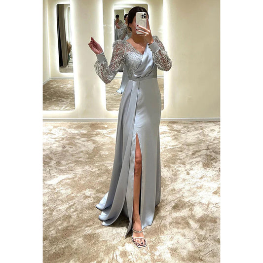 Sheath/Column V-Neck Satin Beaded Long Sleeves Prom Evening Formal Dress