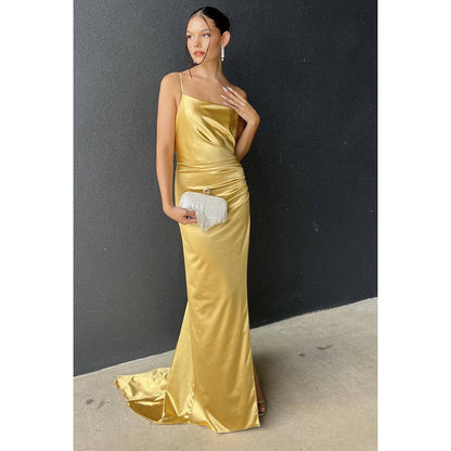 Sheath/Column One Shoulder Satin Pleats Backless Sleeveless Evening Dress