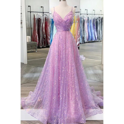 Purple Sequins Lace V-neck A-line Prom Dress Glitter