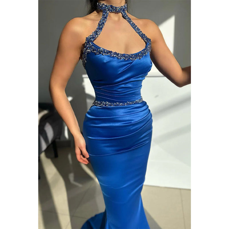 Unique Halter Luxury Crystal Satin Mermaid Formal Evening Dress