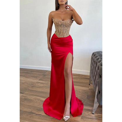 Strapless Fitted Beaded Appliques with Side Slit Party Prom Evening Dress