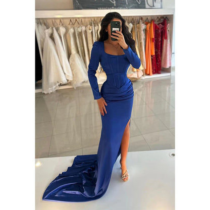 Sheath/column Square Pleats Long Sleeves Blue Prom Dress Party Dress