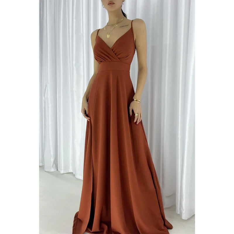 Simple A-line Sexy V-neck Straps Long Prom Party Dress with Slit