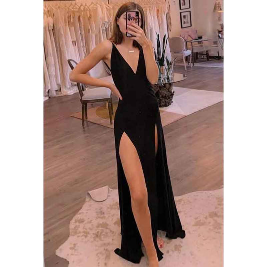 Deep V-Neck Spaghetti Straps Backless Long Prom Evening Dress With Slit