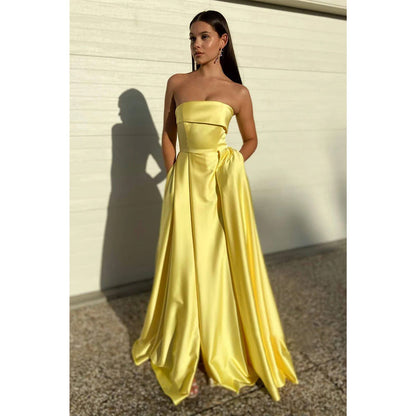 Strapless Yellow Satin High Split Long Prom Dress with Pockets