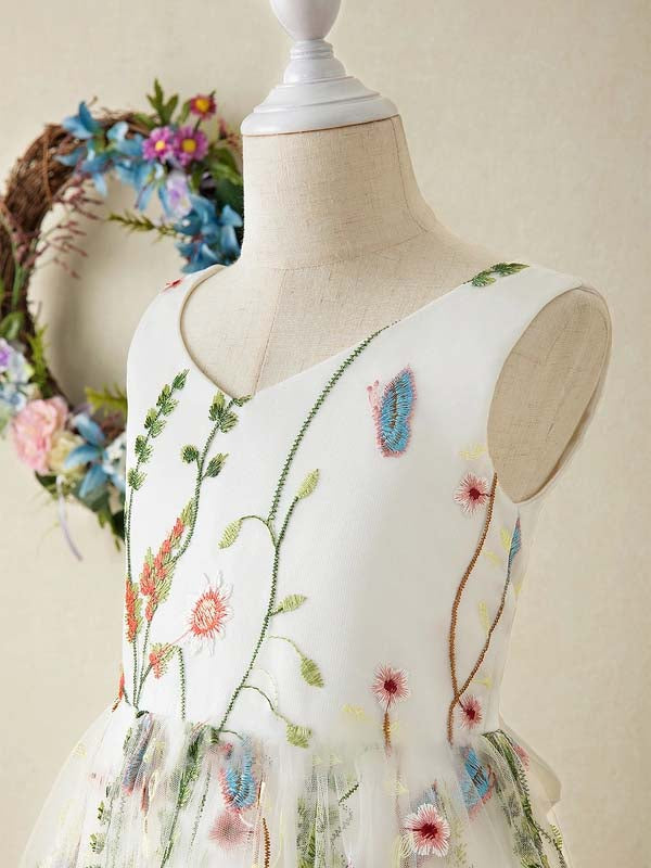 Wildflower floral embroidery overlay tulle A-line slim fit flare V-neck back bow floral girls dress