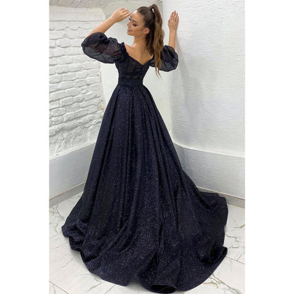 Unique Off The Shoulder Half Sleeves Sparkly Prom Ball Gown