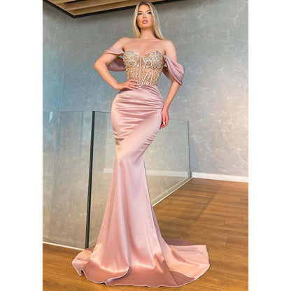 Trumpet/mermaid Off-shoulder Beaded Sheer Long Prom Evening Dress