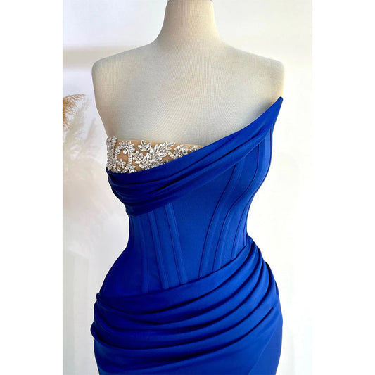 Strapless Beaded Trumpet Ruched with Side Slit Party Prom Evening Dress