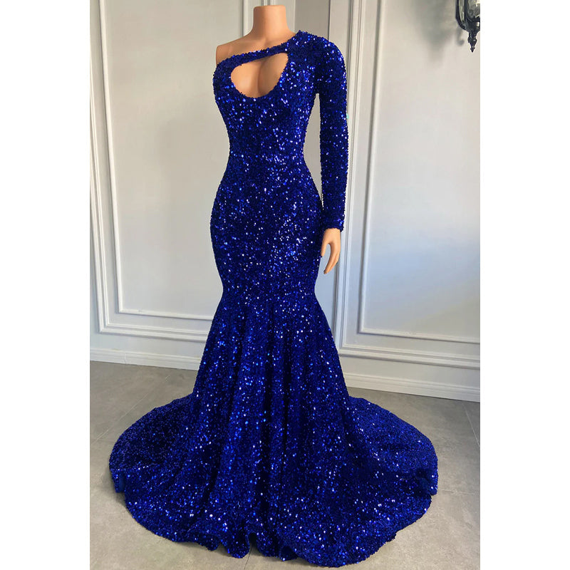 Unique Scoop Long Sleeves Sequins Sparkly Prom Dress