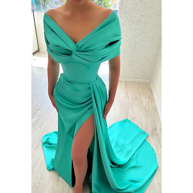 V-Neck Off-Shoulder Sleeveless Ruched Satin Sheath Long Evening Dress