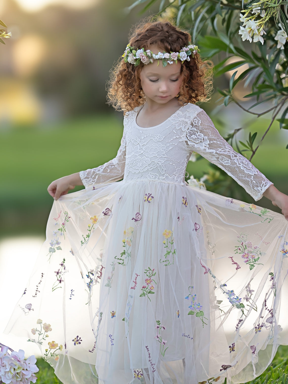 Floral Lace Embroidered Tulle A-Line Full-Length Garden Flower Girl Dress