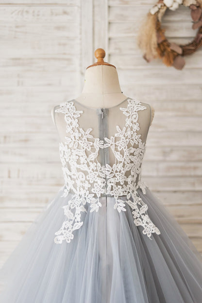 Lace Tulle Floor-length Blue Flower Girl Dress