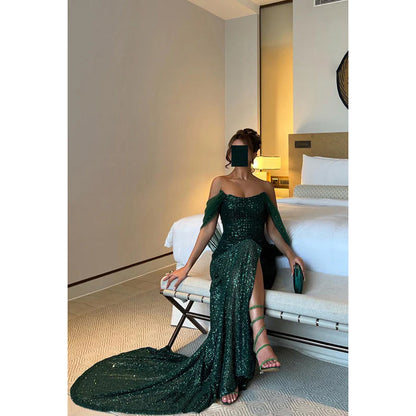 Trumpet/Mermaid Off-Shoulder Side Slit Sleeveless Slit Sequins Evening Prom Dress