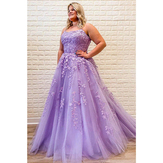 Unique Scoop Criss-cross Straps Sky Blue Tulle Appliques A-line Long Prom Dress