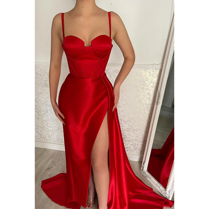 Spaghetti Straps Sweetheart Side Slit Red Long Prom Dress