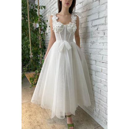 Double Straps 3d Flowers Ivory Tulle Vintage Prom Dress with Pockets