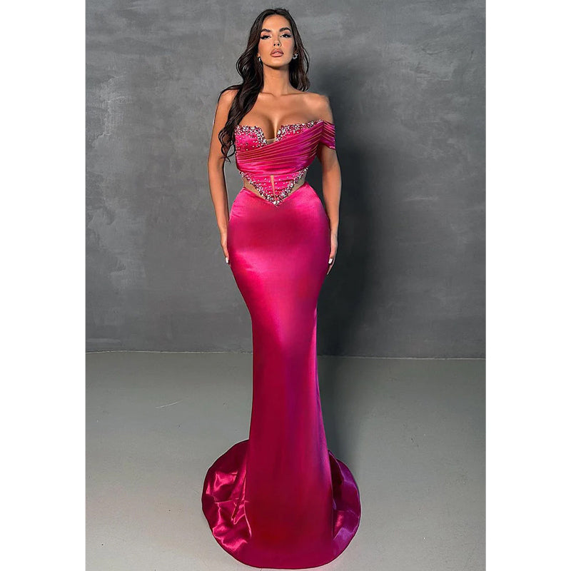 Strapless Satin Pleats Beads Mermaid Formal Evening Dress