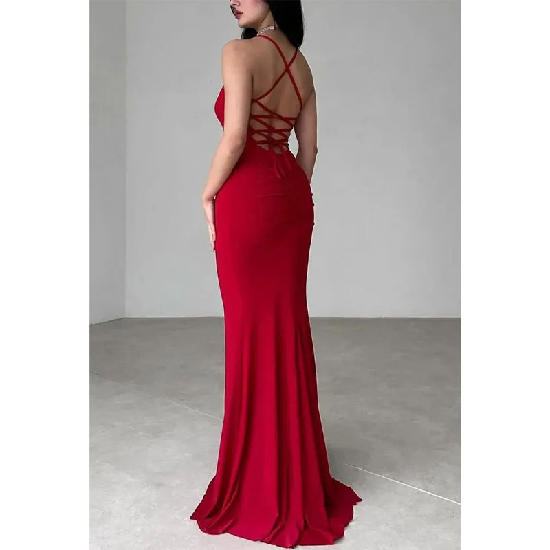 Fitted Bateau Spaghetti Straps Lace-up Party Prom Evening Dress