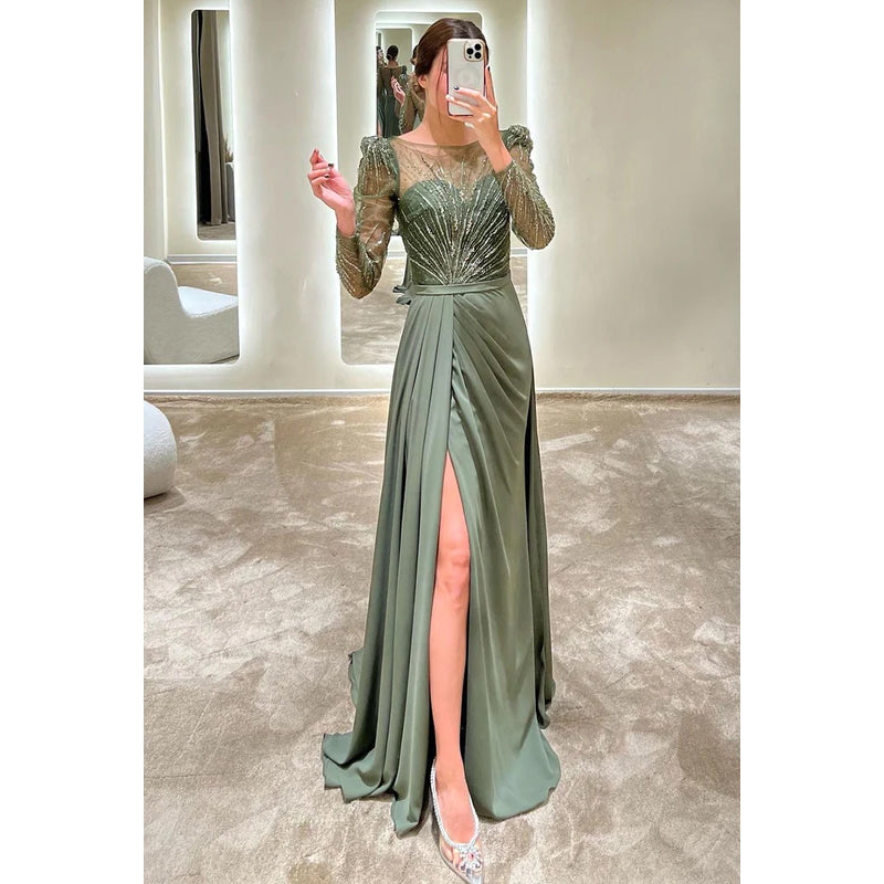 Round Neck Long Sleeves Beaded A-Line Long Prom Evening Gown