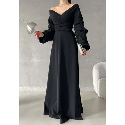 Simple A-line V-neck Off The Shoulder Puff Sleeves Long Prom Dress