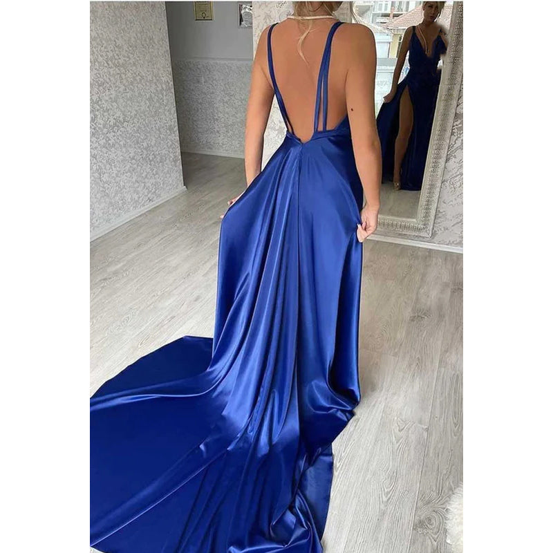 Deep V-Neck Halter Ruched Thigh Slit Sheath Long Prom Evening Gown