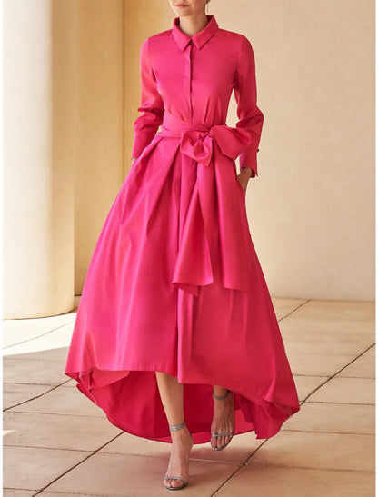 NumberSea A-Line Mother of the Bride Dress Wedding Guest Elegant Shirt Collar Asymmetrical Satin Long Sleeve with Sash / Ribbon Ruching