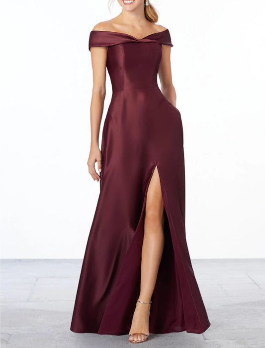 Sheath / Column Bridesmaid Dress Off Shoulder Sleeveless Elegant Floor Length Satin with Pleats / Split Front