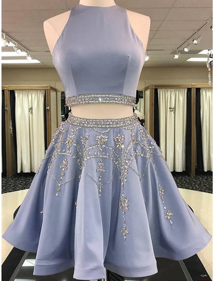 Zweiteiliges Homecoming-Kleid, elegantes Kleid, für den Urlaub, Abschlussfeier, kurz/mini, ärmellos, Rundhalsausschnitt, Satin mit Perlen