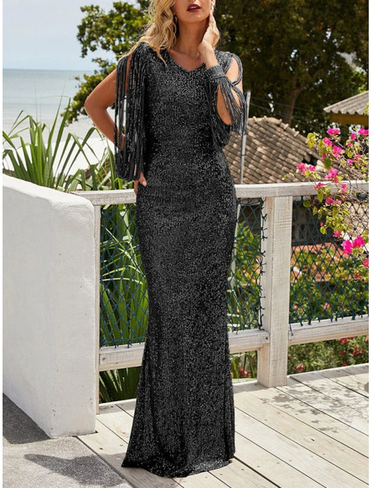 Sheath / Column Evening Gown Sparkle & Shine Dress Wedding Guest Party Wear Sweep / Brush Train Long Sleeve V Neck Sequined with Glitter Pleats