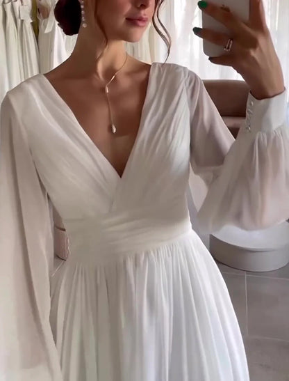 NumberSea Little White Dresses Wedding Dresses A-Line V Neck Long Sleeve Tea Length Chiffon Bridal Gowns With Pleats Solid Color