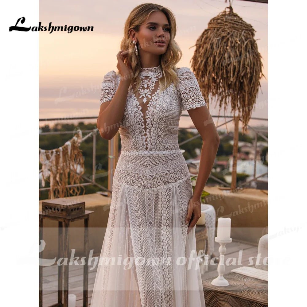 NumberSea - Full Lace Bohemian Wedding Dress Robe Longue Vintage soft Tulle Wedding Dresses Chic Bridal Gowns High neck abito da sposa