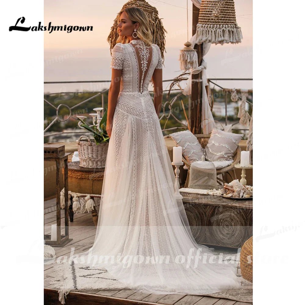 NumberSea - Full Lace Bohemian Wedding Dress Robe Longue Vintage soft Tulle Wedding Dresses Chic Bridal Gowns High neck abito da sposa